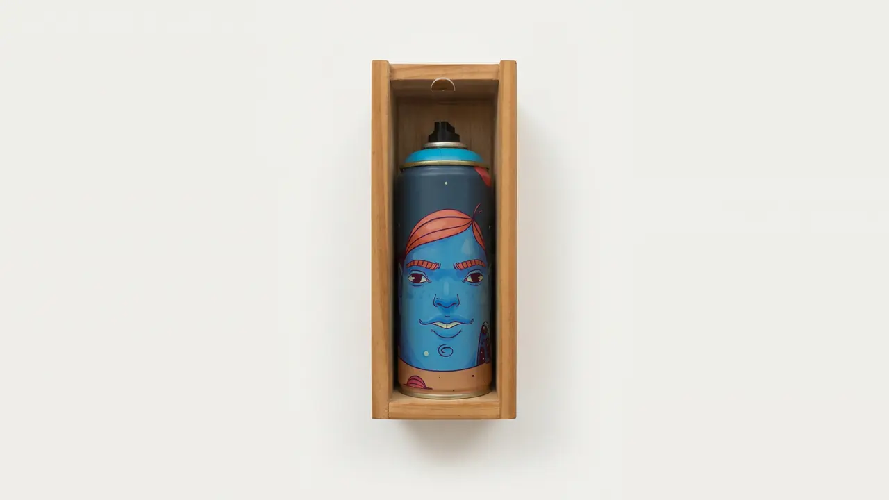 Obra de Pomb criada sobre uma lata de spray azul